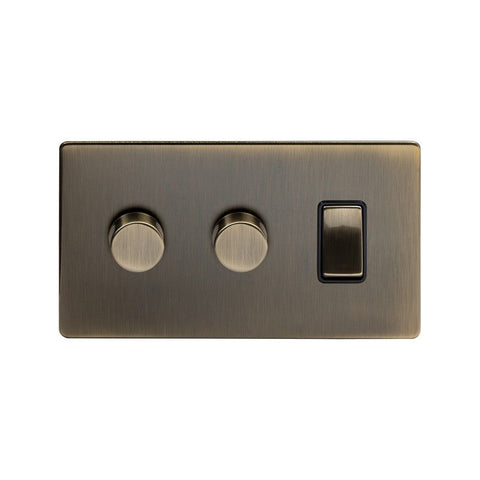 Screwless Antique Brass 3 Gang Light Switch with 2 Dimmers (2 Way Switch & 2x Trailing Dimmer) - SE Home