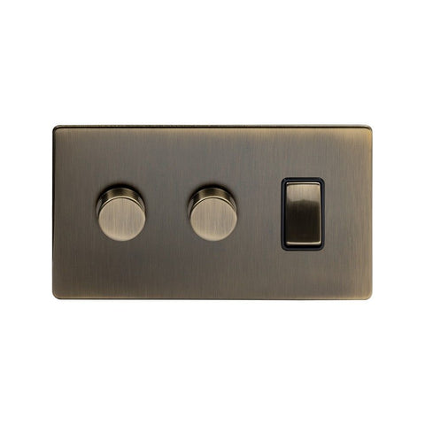 Screwless Antique Brass 3 Gang Light Switch with 2 Dimmers (2 Way Switch & 2x Trailing Dimmer)