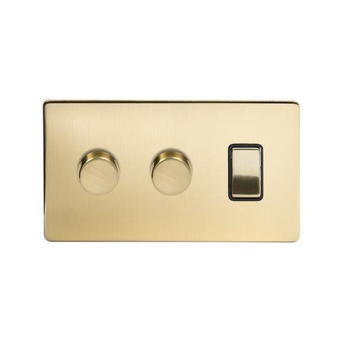 Screwless Brushed Brass 3 Gang Light Switch with 2 Dimmers (2 Way Switch & 2x Trailing Dimmer)