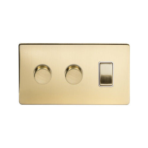 Screwless Brushed Brass 3 Gang Light Light Switch with 2 Dimmers (1x2 Way Light Light Switch with 2x Trailing Edge Dimmer)