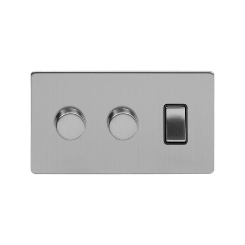 Screwless Brushed Chrome 3 Gang Light Switch with 2 Dimmers (2 Way Switch & 2x Trailing Dimmer)