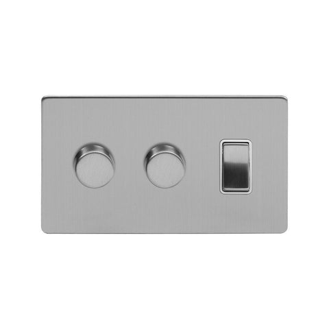 Screwless Brushed Chrome 3 Gang Light Switch with 2 Dimmers (1x2 Way Light Switch with 2x Trailing Edge Dimmer)