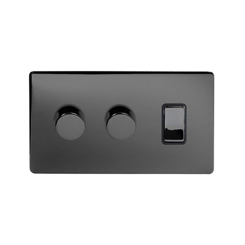 Screwless Black Nickel 3 Gang Light Switch with 2 Dimmers (2 Way Light Switch & 2x Trailing Dimmer)