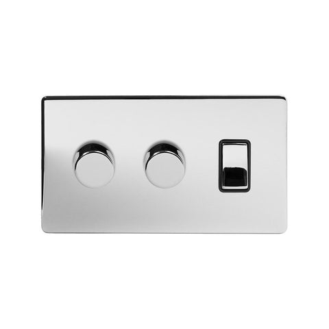 Screwless Polished Chrome 3 Gang Light Switch with 2 Dimmers (2 Way Light Switch & 2x Trailing Dimmer) - Black