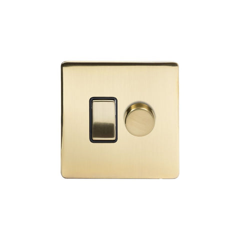 Screwless Brushed Brass Gang Light Switch With 1 dimmer (1 x 2 Way Switch & 400w Trailing Dimmer) - Black