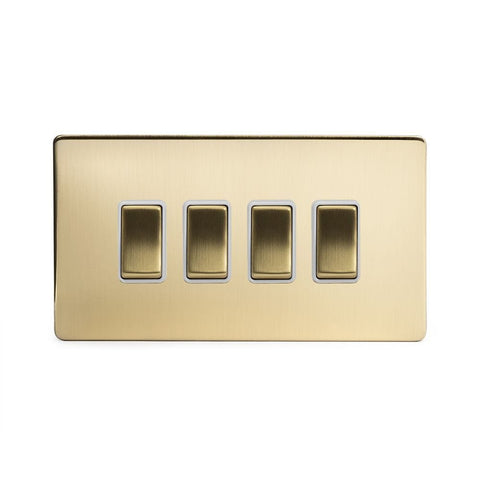 Screwless Brushed Brass - White Trim - Slim Plate Screwless Brushed Brass 4 Gang Light Switch With 1 Intermediate (3 x 2 Way Swich with 1 Intermediate)