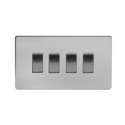 Screwless Brushed Chrome - White Trim - Slim Plate Screwless Brushed Chrome 4 Gang Light Switch With 1 Intermediate (3 x 2 Way Swich with 1 Intermediate)