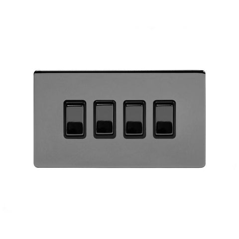 Screwless Black Nickel - Black Trim - Slim Plate Screwless Black Nickel 4 Gang Light Switch With 1 Intermediate (3 x 2 Way Swich with 1 Intermediate)
