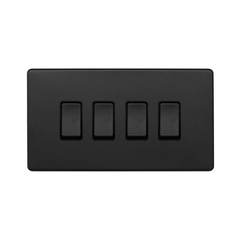 Screwless Matt Black 4 Gang Switch With 1 Intermediate (3 x 2 Way Light Switch with 1 Intermediate)  