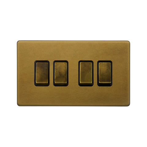 Screwless Old Brass 4 Gang Switch With 1 Intermediate (3 x 2 Way Light Switch with 1 Intermediate)