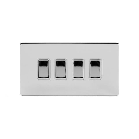 Screwless Polished Chrome - White Trim - Slim Plate Screwless Polished Chrome 4 Gang Light Switch With 1 Intermediate (3 x 2 Way Swich with 1 Intermediate)