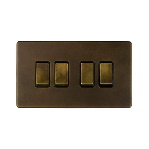 Screwless Vintage Brass 4 Gang Switch With 1 Intermediate (3 x 2 Way Light Switch with 1 Intermediate)