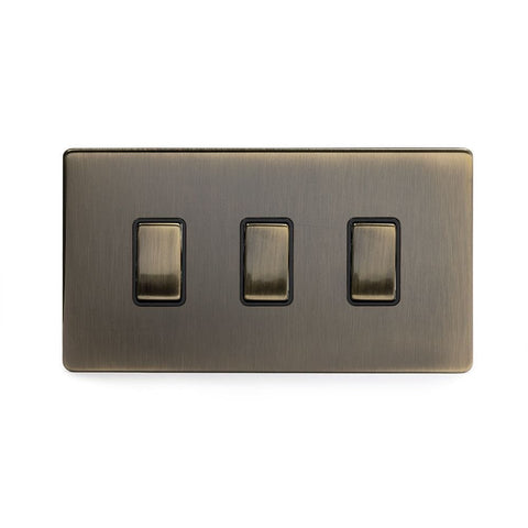 Screwless Antique Brass - Black Trim - Slim Plate Screwless Antique Brass 3 Gang Light Switch With 1 Intermediate (2 x 2 Way Swich with 1 Intermediate)