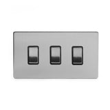 Screwless Brushed Chrome - Black Trim - Slim Plate Screwless Brushed Chrome 3 Gang Switch Double Plate