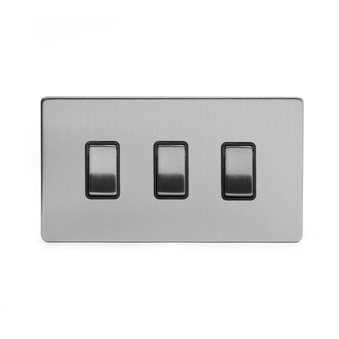 Screwless Brushed Chrome - Black Trim - Slim Plate Screwless Brushed Chrome 3 Gang Switch Double Plate