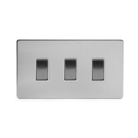 Screwless Brushed Chrome - White Trim - Slim Plate Screwless Brushed Chrome 3 Gang Light Switch With 1 Intermediate (2 x 2 Way Swich with 1 Intermediate)