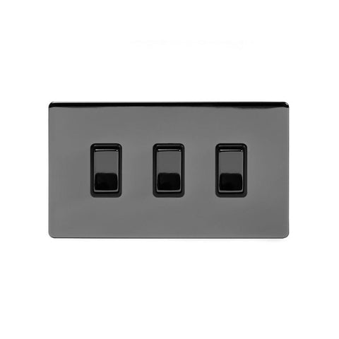 Screwless Black Nickel - Black Trim - Slim Plate Screwless Black Nickel 3 Gang Light Switch With 1 Intermediate (2 x 2 Way Swich with 1 Intermediate)