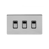 Screwless Polished Chrome - Black Trim - Slim Plate Screwless Polished Chrome 3 Gang Light Switch With 1 Intermediate (2 x 2 Way Switch with 1 Intermediate) - Black