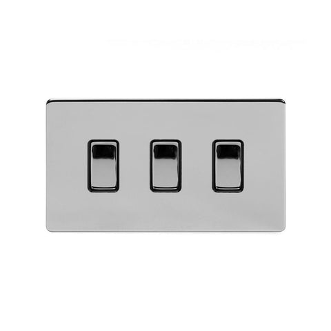 Screwless Polished Chrome - Black Trim - Slim Plate Screwless Polished Chrome 3 Gang Light Switch With 1 Intermediate (2 x 2 Way Switch with 1 Intermediate) - Black