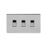 Screwless Polished Chrome - White Trim - Slim Plate Screwless Polished Chrome 3 Gang Light Switch With 1 Intermediate (2 x 2 Way Swich with 1 Intermediate)