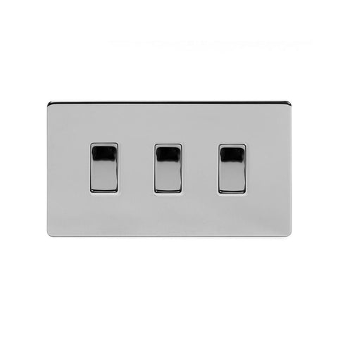 Screwless Polished Chrome - White Trim - Slim Plate Screwless Polished Chrome 3 Gang Light Switch With 1 Intermediate (2 x 2 Way Swich with 1 Intermediate)