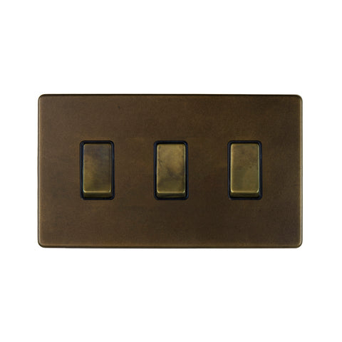 Screwless Vintage Brass 3 Gang Switch With 1 Intermediate (2 x 2 Way Light Switch with 1 Intermediate)