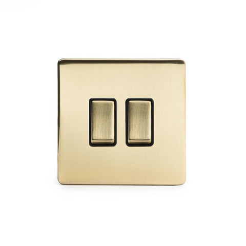 Screwless Brushed Brass - Black Trim - Slim Plate Screwless Brushed Brass 2 Gang Intermediate & 2 Way Light Switch