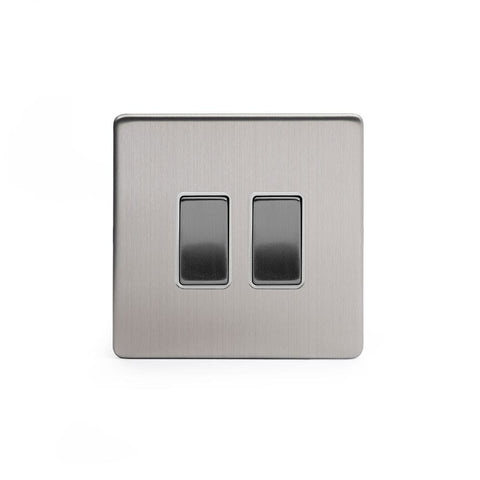 Screwless Brushed Chrome - White Trim - Slim Plate Screwless Brushed Chrome 2 Gang Intermediate & 2 Way Light Switch