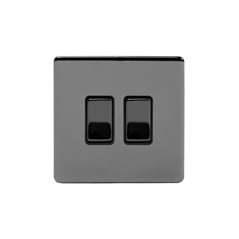 Screwless Black Nickel - Black Trim - Slim Plate Screwless Black Nickel 2 Gang Intermediate & 2 Way Light Switch