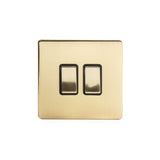 Screwless Brushed Brass - Black Trim - Slim Plate Screwless Brushed Brass 2 Gang Retractive Light Switch  - Black