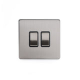 Screwless Brushed Chrome - Black Trim - Slim Plate Screwless Brushed Chrome 2 Gang Retractive Light Switch