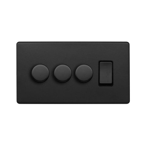 Screwless Matt Black 4 Gang Switch with 3 Dimmers (3x150W LED Dimmer 1x20A Switch)