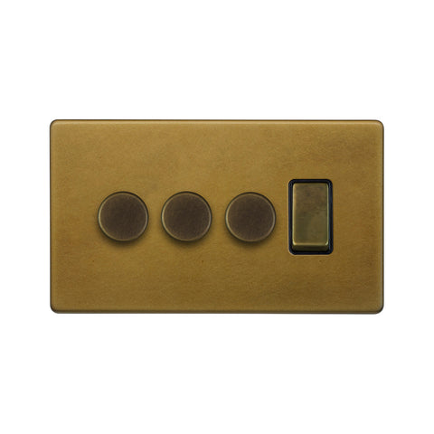 Screwless Old Brass 4 Gang Switch with 3 Dimmers (3x150W LED Dimmer 1x20A Switch)