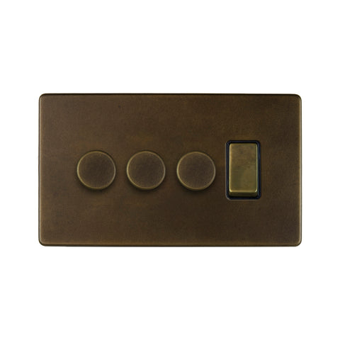 Screwless Vintage Brass 4 Gang Switch with 3 Dimmers (3x150W LED Dimmer 1x20A Switch)