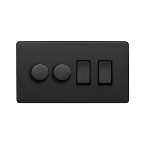 Screwless Matt Black 4 Gang Switch with 2 Dimmers (2x150W LED Dimmer 2x20A Switch)