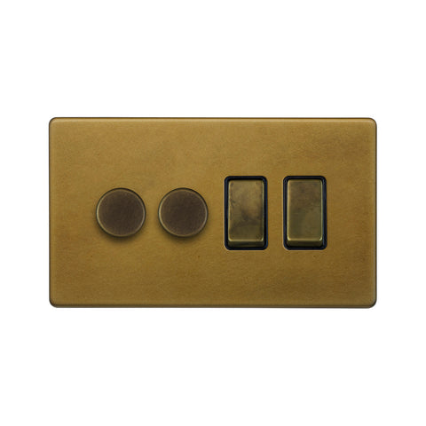 Screwless Old Brass 4 Gang Switch with 2 Dimmers (2x150W LED Dimmer 2x20A Switch)