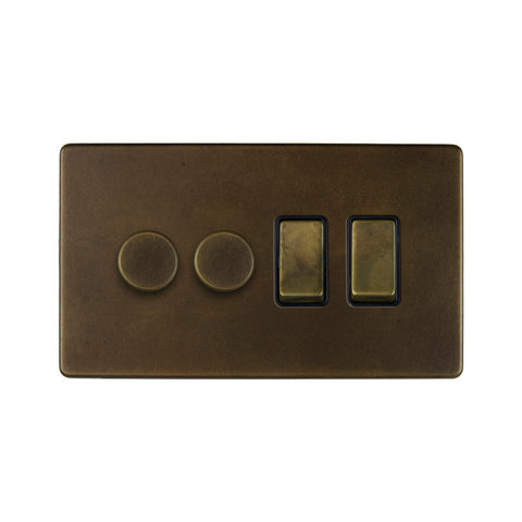 Screwless Vintage Brass 4 Gang Switch with 2 Dimmers (2x150W LED Dimmer 2x20A Switch)