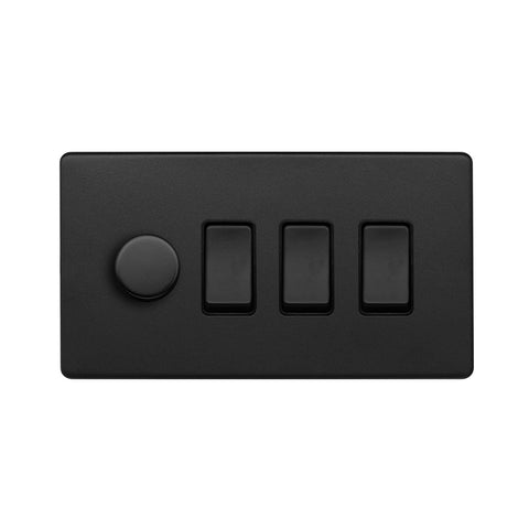Screwless Matt Black 4 Gang Switch with 1 Dimmer (1x150W LED Dimmer 3x20A Switch)