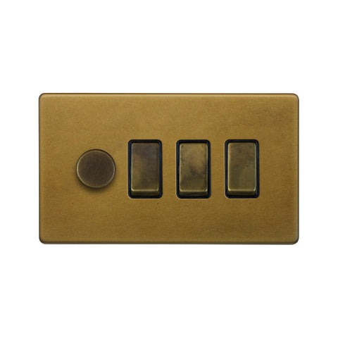 Screwless Old Brass 4 Gang Switch with 1 Dimmer (1x150W LED Dimmer 3x20A Switch)