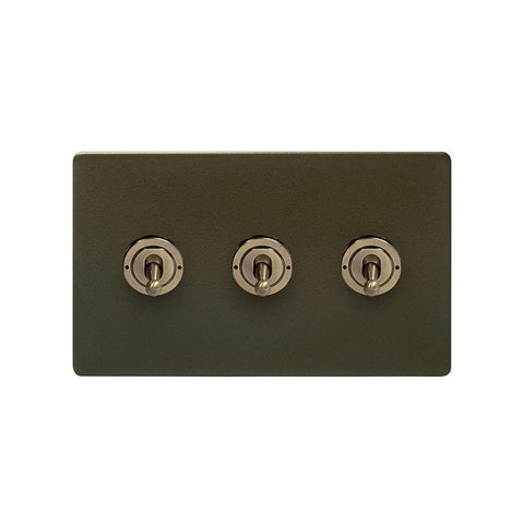 Screwless Bronze - Black Trim - Slim Plate Screwless Bronze 20A 3 Gang 2 Way Toggle Light Switch