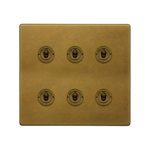 Screwless Old Brass 6 Gang Toggle Light Switch 20A 2 Way - SE Home