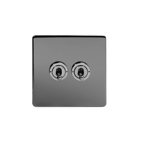 Screwless Black Nickel - Black Trim - Slim Plate Screwless Black Nickel 2 Gang Retractive Toggle Light Switch