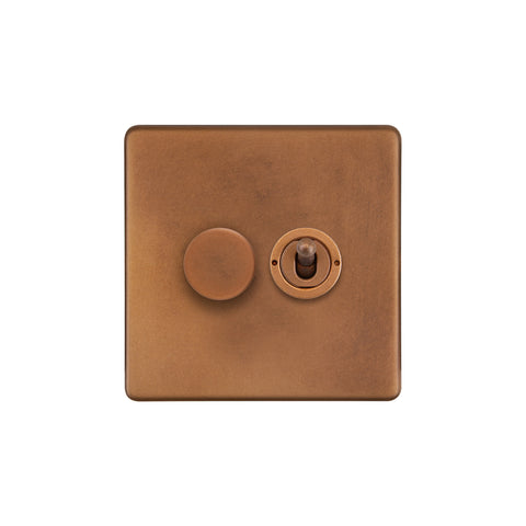 Screwless Antique Copper 2 Gang Dimmer and Toggle Light Switch Combo (1x150W LED Dimmer 1x20A 2 Way Toggle)