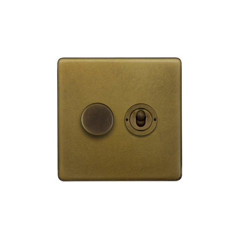 Screwless Old Brass 2 Gang Dimmer and Toggle Light Switch Combo (1x150W LED Dimmer 1x20A 2 Way Toggle)
