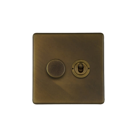 Screwless Vintage Brass 2 Gang Dimmer and Toggle Light Switch Combo (1x150W LED Dimmer 1x20A 2 Way Toggle)