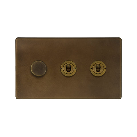 Screwless Vintage Brass 3 Gang Switch with 1 Dimmer (1x150W LED Dimmer 2x20A 2 Way Toggle)