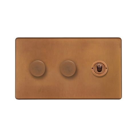 Screwless Antique Copper 3 Gang Switch with 2 Dimmers (2x150W LED Dimmer 1x20A 2 Way Toggle)