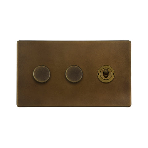 Screwless Vintage Brass 3 Gang Switch with 2 Dimmers (2x150W LED Dimmer 1x20A 2 Way Toggle)