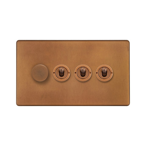 Screwless Antique Copper 4 Gang Switch with 1 Dimmer (1x150W LED Dimmer 3x20A 2 Way Toggle)