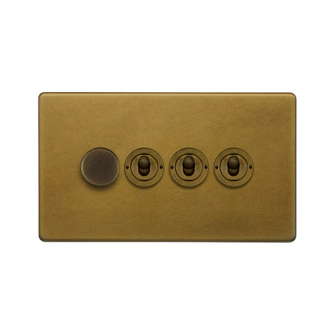 Screwless Old Brass 4 Gang Switch with 1 Dimmer (1x150W LED Dimmer 3x20A 2 Way Toggle)